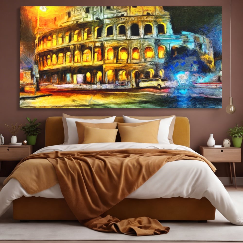 Tablou canvas cu pictura digitala cu colosseumul din roma noaptea, fara rama, pe sasiu de lemn, pe perete intr-un dormitor